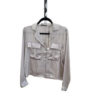 T Tahari-Utility-Button Up-Long Sleeve-Collared-Blouse-Satin-Silver-Women-S